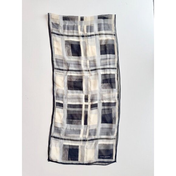Vintage HALSTON Ivory Black Grey Check Silk Georgettte 56" x 13" Rectangle Scarf - Picture 3 of 10